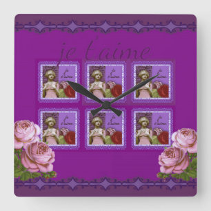 Je t'aime Paarse Romantisch Meisje Collage Vierkante Klok