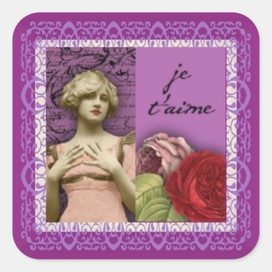 Je t'aime Paarse Romantisch Meisje  Collage Vierkante Sticker (Voorkant)