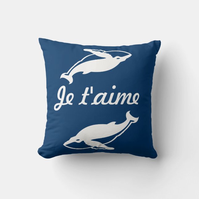 Je t'aime witte walvissen  op blauwe kussen (Voorkant)