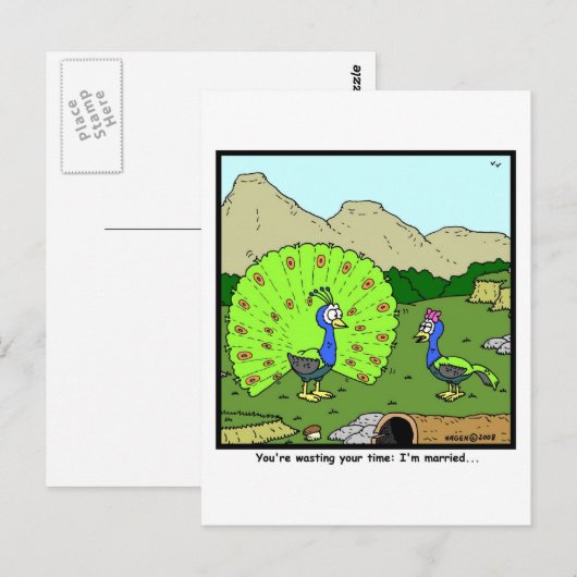 Je tijd verspillen: Peacock-Cartoon Briefkaart (Voorkant / Achterkant)