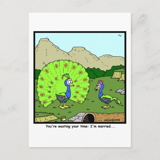 Je tijd verspillen: Peacock-Cartoon Briefkaart (Voorkant)