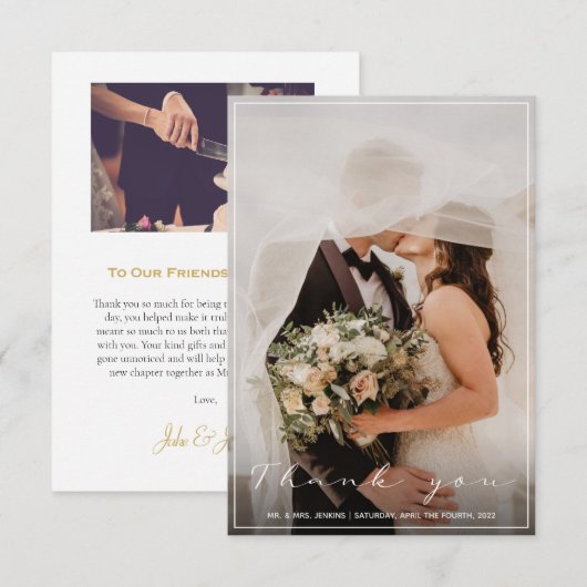 Je trouwfoto, dank je kaart, dunne rand bedankkaart (Voorkant / Achterkant)