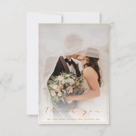 Je trouwfoto, gouden script en rand bedankkaart (Voorkant)