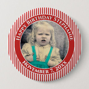 Je verjaardagsfoto Eenvoudige strepen Rood/Wit Ronde Button 4,0 Cm