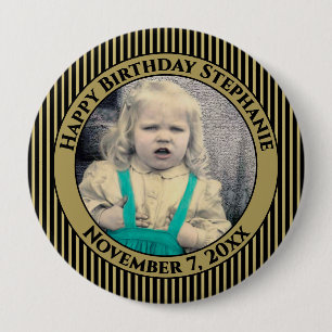Je verjaardagsfoto Eenvoudige strepen Zwart/Goud Ronde Button 4,0 Cm