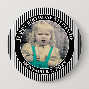 Je verjaardagsfoto Eenvoudige strepen Zwart/Wit Ronde Button 4,0 Cm