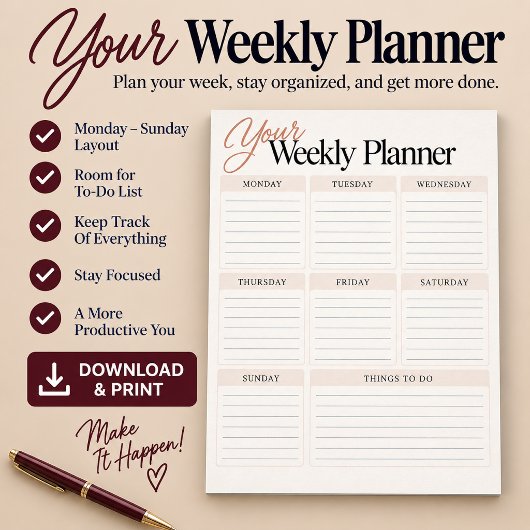 Je wekelijkse planner schema digitale download poster