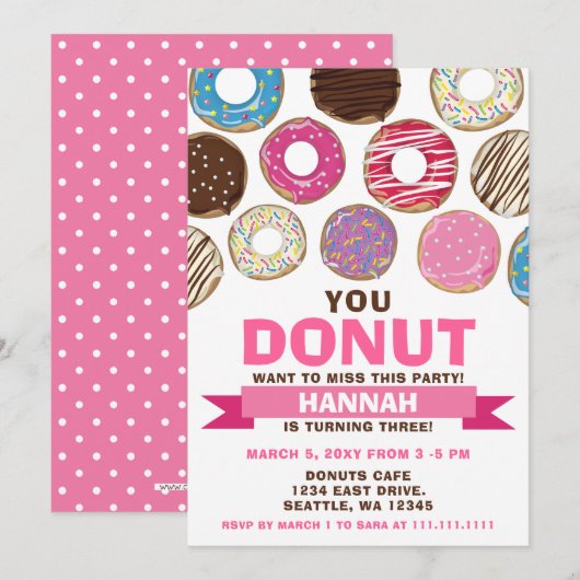 je wilt deze donuts verjaardagsfeestje niet missen kaart (Voorkant / Achterkant)