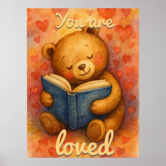 Je wordt bemind – Aquarel teddybeer lezend Poster (Voorkant)
