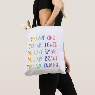 Je wordt bemind Leuk regenboog positieve bevestigi Tote Bag