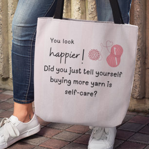 Je ziet er gelukkiger uit! garen humor tote bag