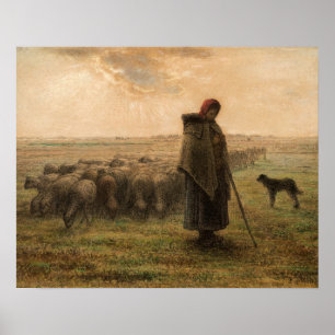 Jean-Francois Millet - Herderin en kudde 1865 Poster