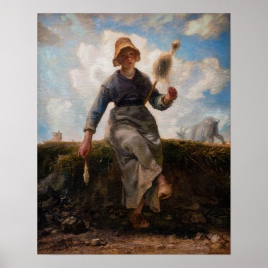 Jean-Francois Millet - Het Spinnende Meisje Poster (Voorkant)