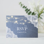 Jean Lace & String Lights Bruiloft w / Maaltijd RSVP Kaartje (Staand voorkant)