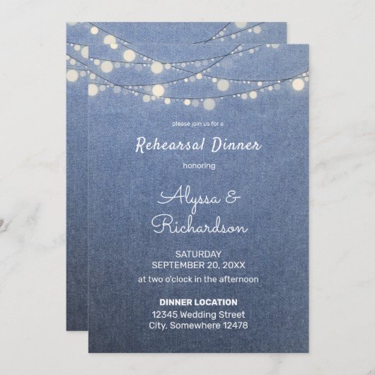 Jean, Lace & String Lights Rehearsal Dinner Kaart (Voorkant / Achterkant)