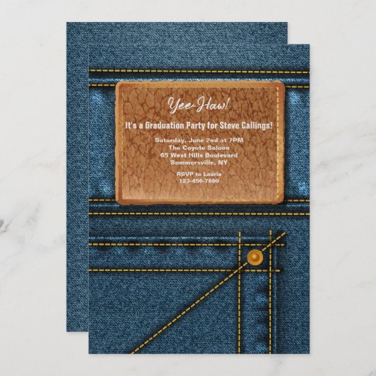 Jean Leather Square Label Graduation Party Kaart (Voorkant / Achterkant)