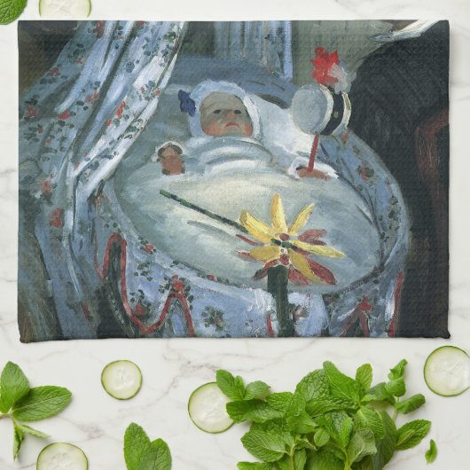Jean Monet in Zijne Cradle door Claude Monet Theedoek (Gevouwen)