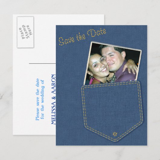 Jeans Pocket Denim Save the Date Briefkaart (Voorkant / Achterkant)