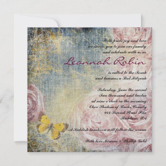 JEANS ROZEN & BUTTERFLIES Bat Mitzvah Uitnodiging (Voorkant)