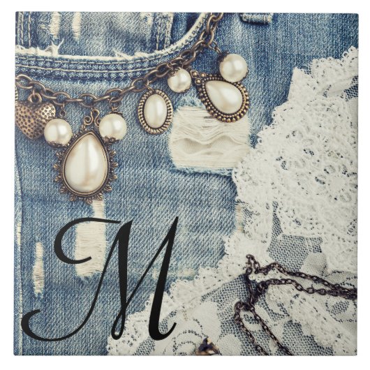  Jeans Victoriaans Kant Monogram Display Tegel Tegeltje (Voorkant)