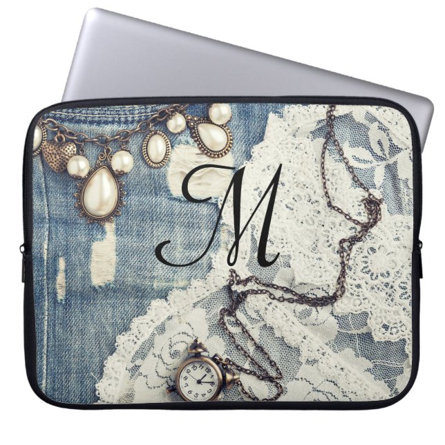  Jeans Victoriaans Monogram 15"Laptop Hoesje Laptop Sleeve (Voorkant)