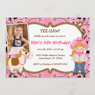 JEE-HAW! Cowgirl Thmed Birthday Party Invitations Kaart