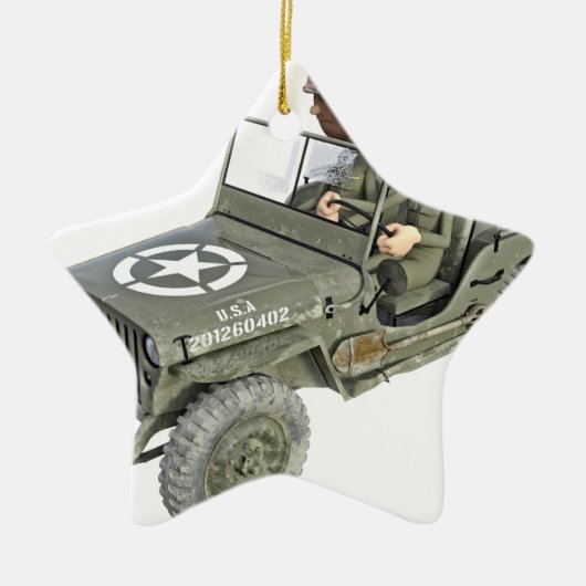 Jeep met 2 cartoon soldaten keramisch ornament (Voorkant)