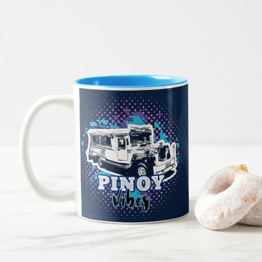 Jeepney Pinoy Vibes Blue Roze Tweekleurige Koffiemok (Met donut)