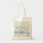 Jeffery Tote Bag<br><div class="desc">Jeffery. Show en draag deze populaire, mooie mannelijke voornaam die is ontworpen als kleurrijke tekstwolk gemaakt van horizontale en verticale krommende typografie van handletters in verschillende maten en schattige verse kleuren. Draag je positieve amerikaanse naam of show de wereld waar je van houdt of waar je van houdt. Merk met...</div>