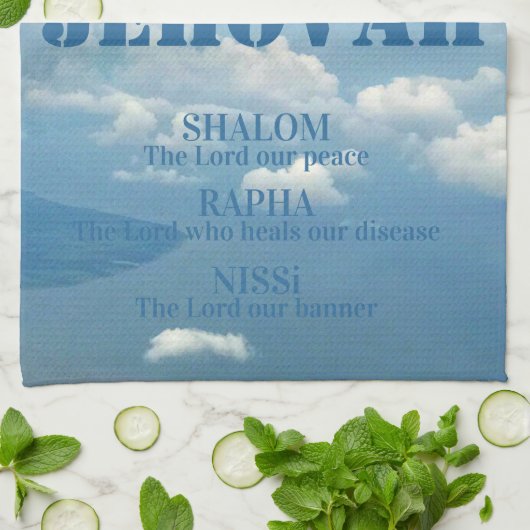 Jehova Jireh Shalom Rapha Blu Sky Witte Wolken Theedoek (Gevouwen)