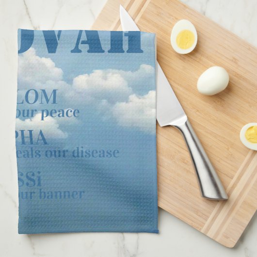 Jehova Jireh Shalom Rapha Blu Sky Witte Wolken Theedoek (Quarter Fold)