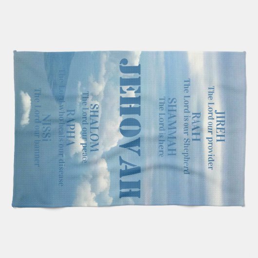 Jehova Jireh Shalom Rapha Blu Sky Witte Wolken Theedoek (Horizontaal)