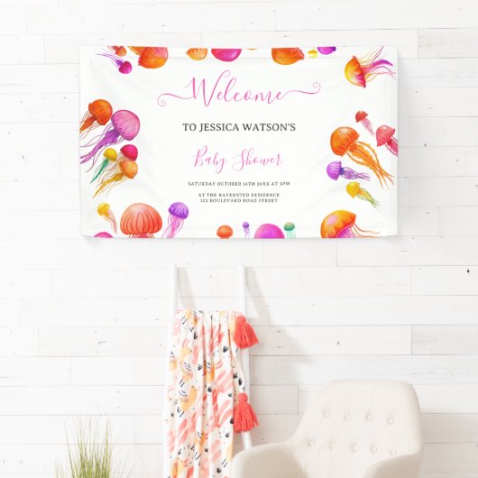 Jelly Fish Roze Geel Gradiënt Pastel Baby shower Spandoek (Insitu)