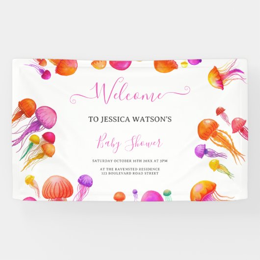 Jelly Fish Roze Geel Gradiënt Pastel Baby shower Spandoek (Horizontaal)