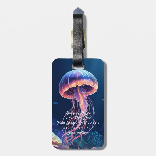 Jellyfish Art, White Script Name, Contact Info Bagagelabel (Achterkant verticaal)