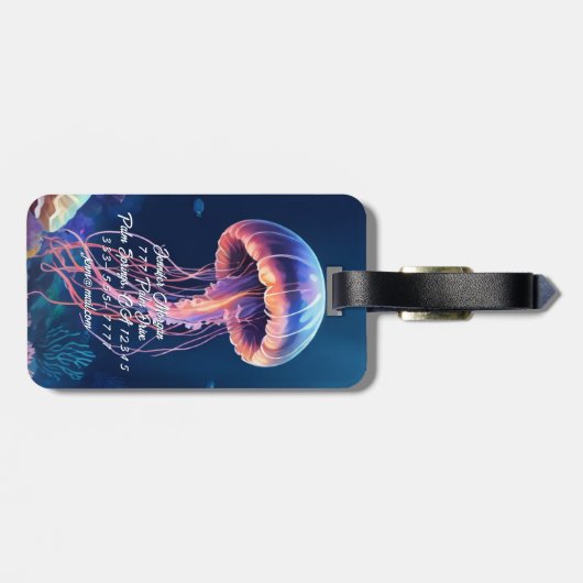 Jellyfish Art, White Script Name, Contact Info Bagagelabel (Achterkant horizontaal)