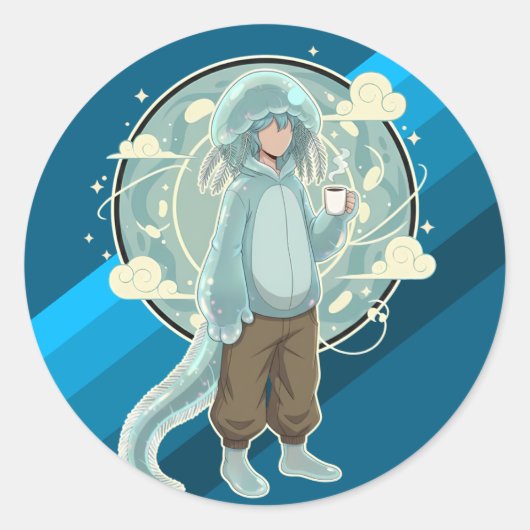 Jellyfish Boy Anime Coffee Art Ronde Sticker (Voorkant)