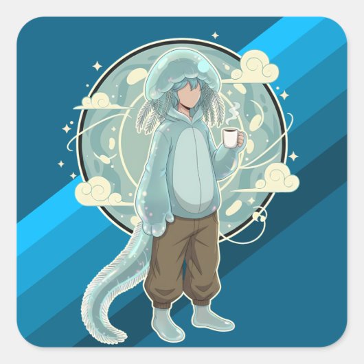 Jellyfish Boy Anime Coffee Art Vierkante Sticker (Voorkant)
