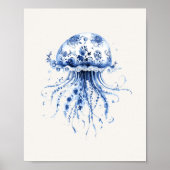 Jellyfish – Coastal Blue op Beige Wall Art Poster (Voorkant)