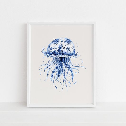 Jellyfish – Coastal Blue op Beige Wall Art Poster