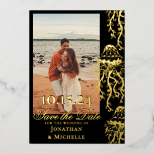 Jellyfish Gold Foil Beach Foto slaat de datum op Folie Uitnodiging