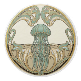 Jellyfish Green Cream & Gold Art Deco Nouveau Keramische Knop