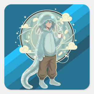 Jellyfish Jongen Anime Koffie Kunst Vierkante Sticker