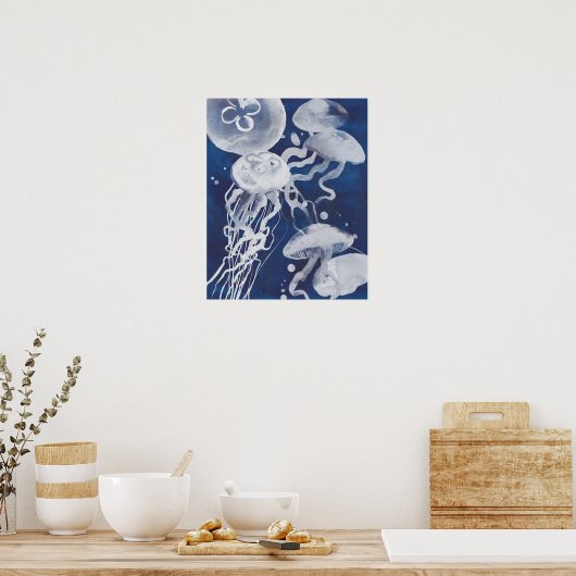 Jellyfish op marineachtergrond poster (Keuken)