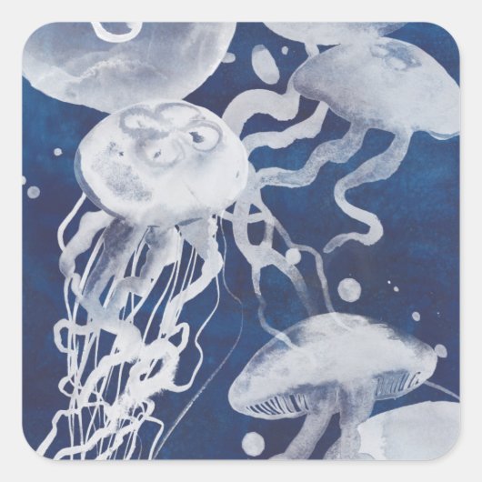 Jellyfish op marineachtergrond vierkante sticker (Voorkant)