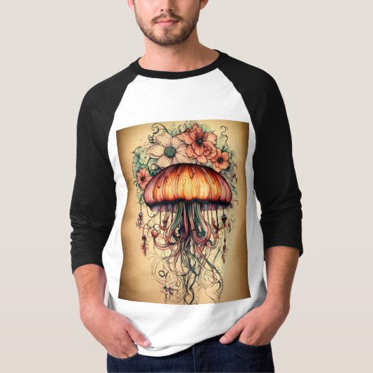 Jellyfish Tattoo Design met Bloemelementen T-shirt (Voorkant)