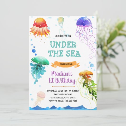 Jellyfish verjaardagsthema uitnodiging (Staand voorkant)