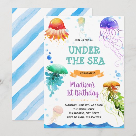 Jellyfish verjaardagsthema uitnodiging (Voorkant / Achterkant)