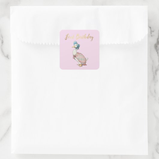 Jemima Puddle Duck "First Birthday" Tekst Vierkante Sticker (Tas)