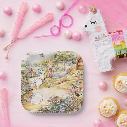 Jemima Puddle Duck loopt met Fox Papieren Bordje (Feest)